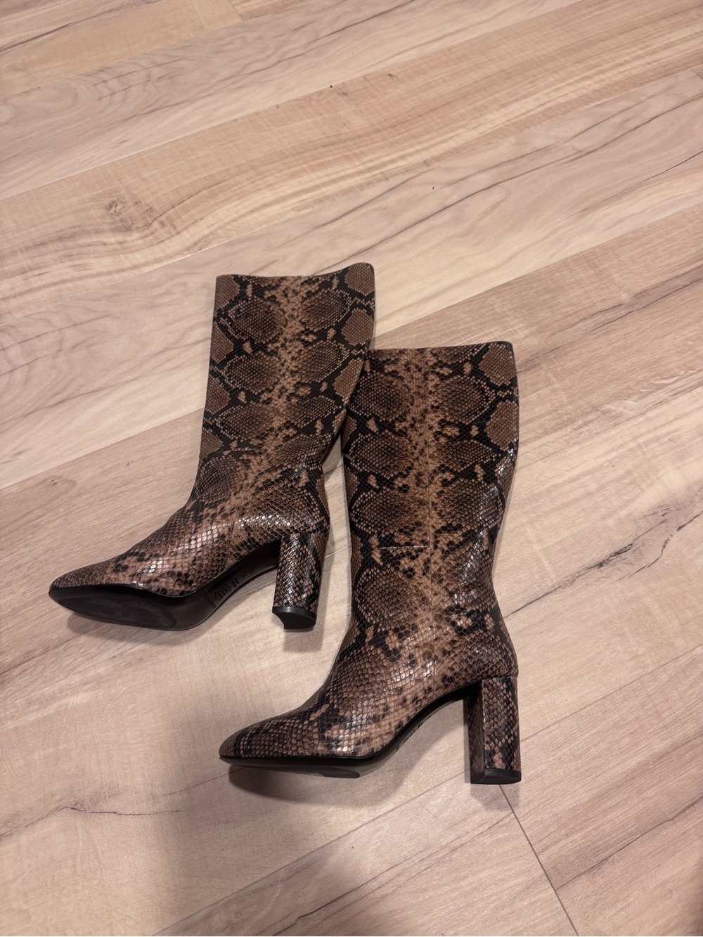 Margaux Brown Snake-Print Mid-Calf Block Heel Boots- the bleeker boot